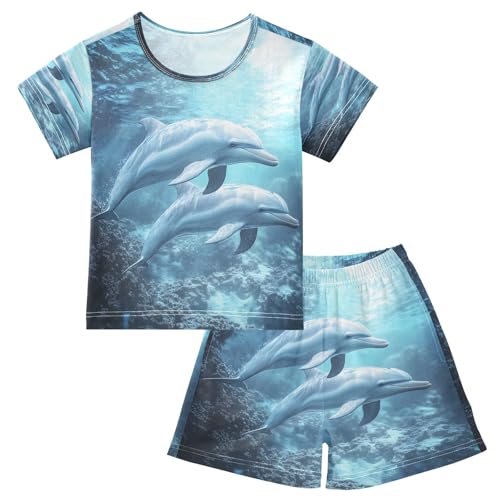 ALAZA Dolphin Ocean Blue Pajamas Set Short Sleeve Cotton Sleepwear Summer Pjs 2 Piece 5-14Y