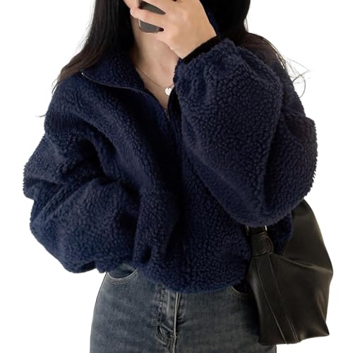 SHINROAD Chaqueta versátil con cremallera para mujer, chaqueta informal, abrigo de forro polar de invierno para mujer, con cuello alto y cremallera, chaqueta casual de manga larga, color azul marino