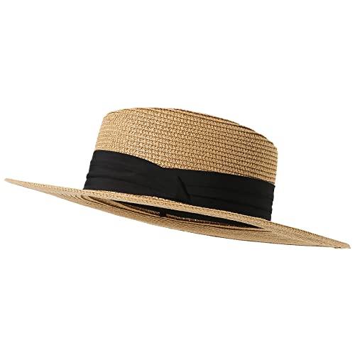 Lanzom Upf50+ Women Wide Brim Straw Panama Sun Hat Boater Summer Beach Sun Hat (Khaki) #TOP3
