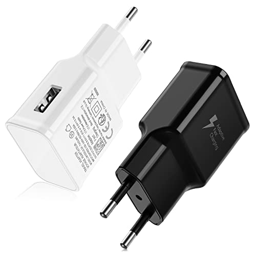Caricatore USB 15W, 2 Pezzi Alimentatore USB Caricatore da Parete, Caricatore Veloce USB Compatibile per Galaxy S21/S20/S10/S9/S8/Note 8 9 10 20/A50/A52 5G(Nero+Bianco)
