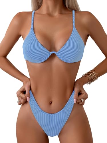Image of Fanuerg Women Underwire Triangle Bikini Spaghetti Strap Push Up Swimsuit Cheeky Two Piece Bathing Suit