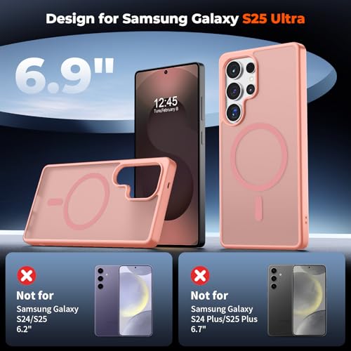 Image of SUPFINE Magnetic for Samsung Galaxy S25 Ultra Case with Screen Protector, (Built-in Magnets) (Military Grade Drop Protection) Slim Translucent Shockproof Phone Case,Light Pink