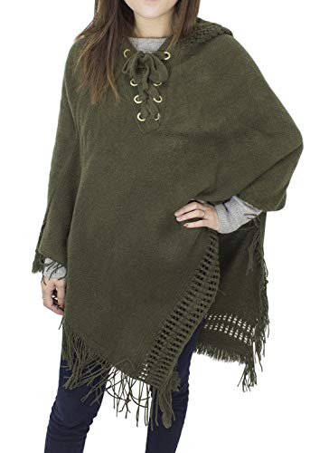 Styles I Love Women Fringed Lace Up Hooded Poncho Pullover Cardigan Soft Wrap for Winter Season