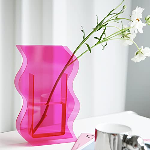 BEYLAB Jarrón de Acrílico Estético Moderno - Florero Retro Transparente para Decoración de Habitación, Dormitorio, Sala de Estar, Mesa de Oficina - Rosa