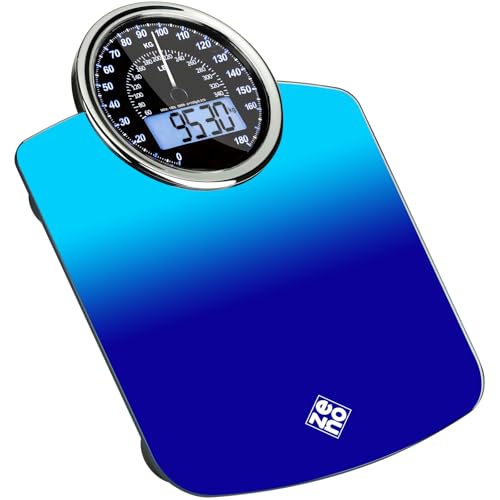ZENO Pèse-personne Hybride - NOUVEAU - 2-en-1 Digital et Analogique - Jusqu'à 180 kg - Verre trempé épais - Grand écran - Lecture facile - Dégradé bleu