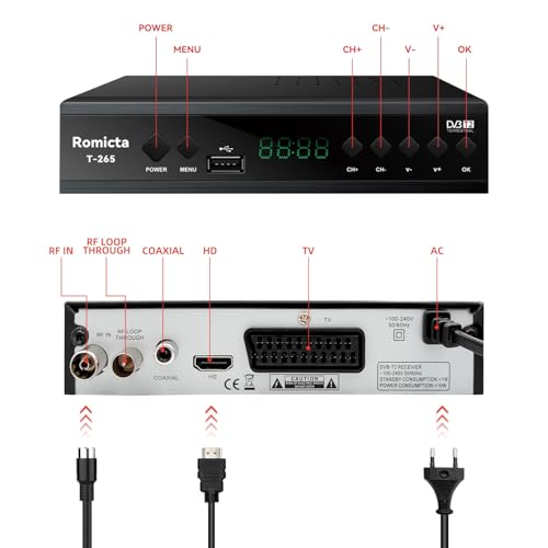Romicta DVB-T2 Receiver & Kabel-Receiver DVB-C – H.265 HEVC FTA Full HD 1080P, PVR, USB, HDMI, Timeshift, SCART, Digitaler Terrestrischer TV-Tuner, Keine Unterstützung für Freenet TV und Satelliten