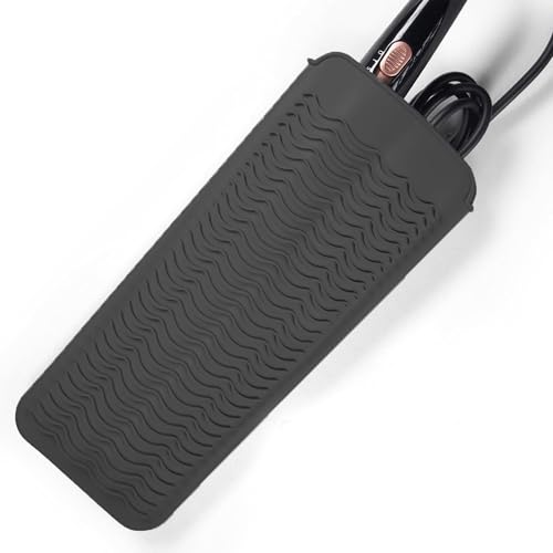 Tapete y soporte de silicona resistente al calor para herramientas de cabello, plancha o rizador, con funda portátil para viaje y protector de encimera color negro