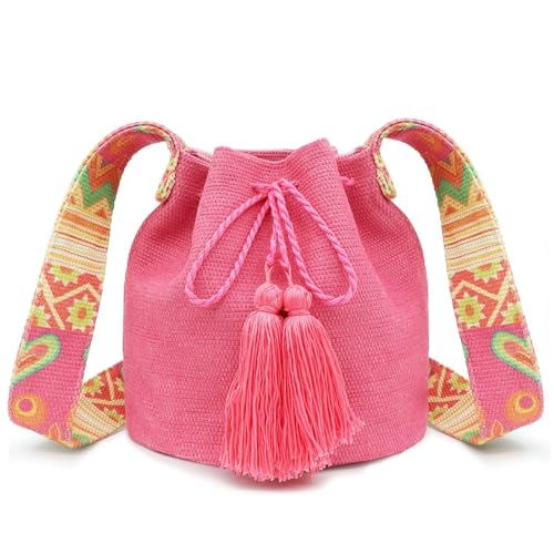 Bolso tote de lona rosa para mujer, bolso cruzado bohemio con correas para hombro, bolso de mano grande para viajes y uso diario