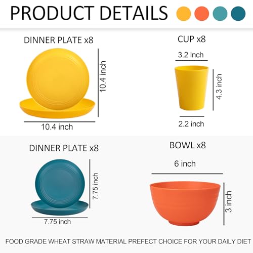 Image of Rubtlamp Wheat Straw Dinnerware Set, 16Pcs Unbreakable Plates And Bowls Sets of 4, Plastic Plates Set Reusable (Four Colors) Include Dinner Platos, Dessert Platos, Cereal Bowls, Cups for Daily
