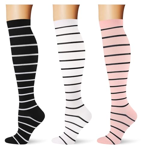 Image of (3 pairs) Compression Socks 20-30 mmHg Long Knee High Socks for Women Men Support Athletic Travel Daily Wear