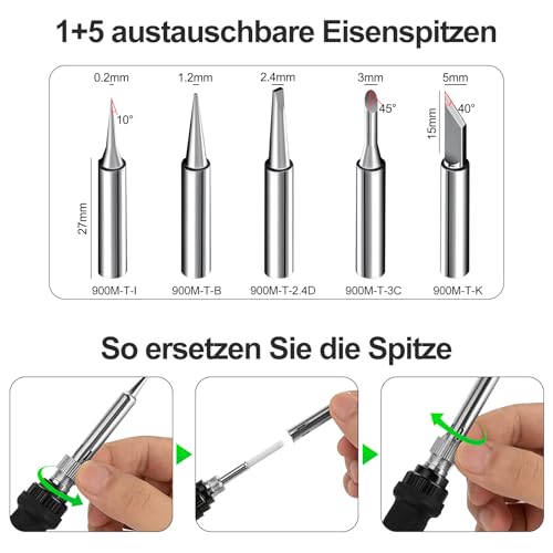 Lötkolben Set 80W LED Einstellbar Temperatur 180-520°C Lötkolben mit Ein/Aus Schalter, 50g Lötdraht, 5 Lötspitzen, Entlötpumpe, Lötkolbenständer, Pinzette, Lötset für Elektrische Arbeiten