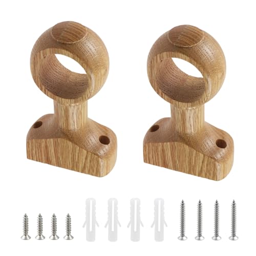 Oedema 2 Pcs Wood Curtain Rod Brackets Closet End Support Bracket Rod Holder with Screws for 1-1/2 Inch Drape Pole, Wood Color