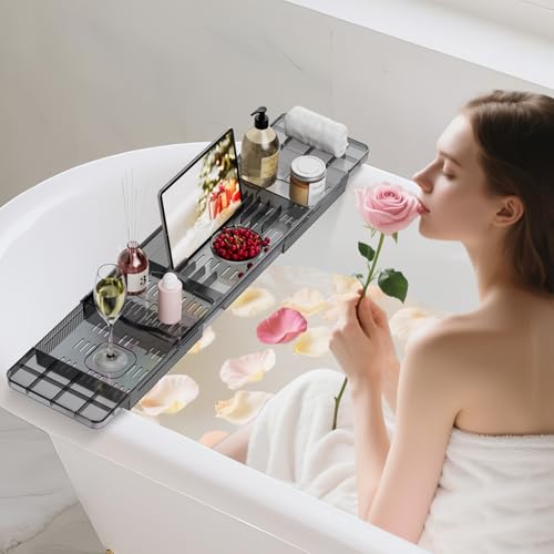 Badewannenablage Schwarz, Ausziehbar Badewannentablett Kunststoff, Badewanne Ablagebrett mit Buchablage, Badewannentisch Verstellbar, Bathtub Tray Waterproof, Badewannen Zubehör (schwarz)