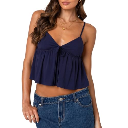 Women Y2k Babydoll Tank Crop Top Backless Ruffle Flowy Pepulm Cami Teens Cute V Neck Going Out Camisole Summer