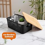 Pudełko do przechowywania z bambusem, 6 koszy z tworzywa sztucznego z bambusową pokrywką, pudełko do przechowywania z możliwością układania w stos, 26 x 18,5 x 10,5 cm, pudełko do przechowywania, na