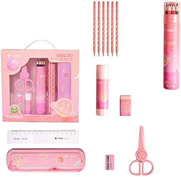 Amazon 文房具 文具セット 子供の文房具セット 学用品 ペンケース 鉛筆 消しゴム 色鉛筆 固形ゴム 直定規 手作りはさみ 鉛筆削り 小学生 子供 かわいい 女の子 男の子 文房具 ファイル用 ピンク ペンケース 文房具 オフィス用品