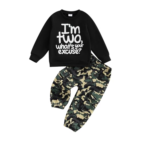 MAHUAOYIXI Toddler Baby Boys 2nd Birthday Outfits Letter Print Round Neck Long Sleeve Sweatshirts Tops and Elastic Waist Camouflage Pants Sets Boys Clothes Birthday Gift (Black, 2-3 Years)
