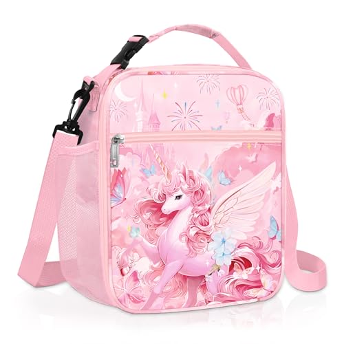 Image of Clastyle Unicorn Insulated Lunch Bag Large Thermal Cooler Bag for Girl Picnic Lunch Box Tote, Pink Unicorn Angle