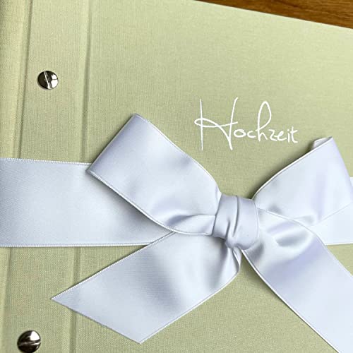 Fotoalbum Neapel, 34 cm, mint, erweiterbar - Quadratisches Leinen Gästebuch zur Hochzeit mit Schleife Silber-Prägung, handgefertigt in Deutschland