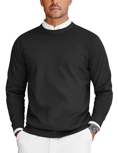 COOFANDY Herren Pullover Rundhals Strickpullover Langarm Herrenpullover Basic Feinstrick Sweater Business Pullover Ribbed Sommer Pulli Schwarz L