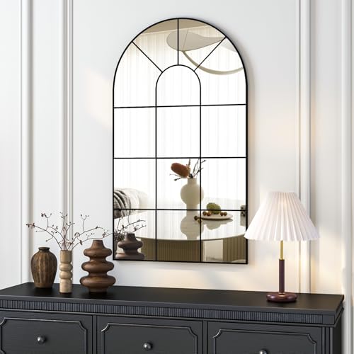 Arched Window Mirror, 32"x20" Black Window Pane Mirror Metal Rustic Decorative Windowpane, Wall Decorative for Living Room Entryway Bedroom