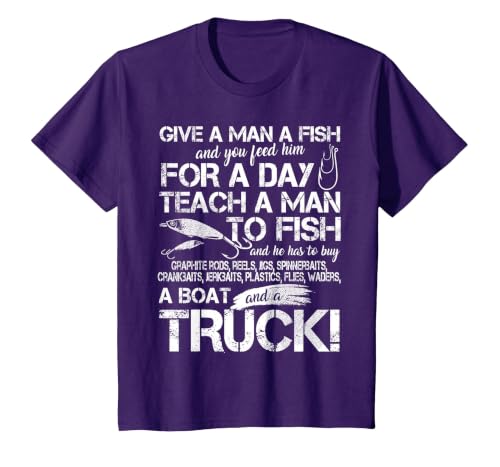 Funny Fishing Teach A Man to Fish T-Shirt T-Shirt, Youth, Purple, X-Small