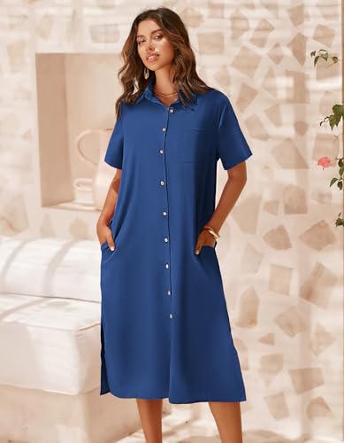 Image of Zeagoo Women Dresses Summer Casual Short Sleeve Button Down Shirt Dresses 2026 Beach Cover Up with Pockets