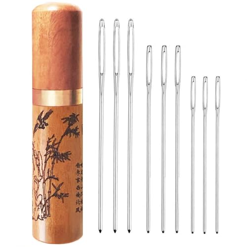 Large Eye Needles, 9PCS Yarn Needles, with Wooden Needle Case Carving Pattern