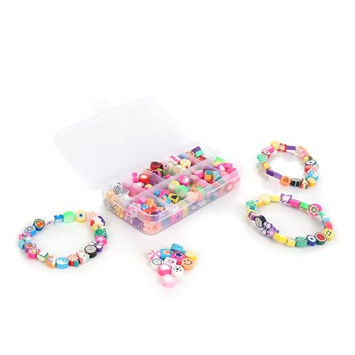 Image of Ambitieux 10-Partition Rubber Beads Bracelet Making Kit for Kids | 10 Designs of Emoji, Heart, Flower, Butterfly Beads | Includes Elastic Thread & Mini Scissors | DIY Jewellery Craft Set for Girls & Boys