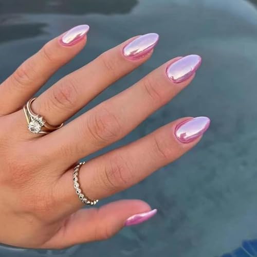 Angwis 24pcs Short Oval False Nails Aurora Pink Mirror Effect Stick on Nails Metallic Press on Nail Removable Glue-on Full Cover Fake Nail Art Accessories for Women