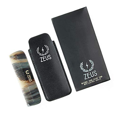 Zeus Natural Horn Beard Comb W/Leather Sheath, Handmade Saw-Cut Comb, Rounded Tips, Smooth Glide, Anti-Static, Horn Comb #TOP5