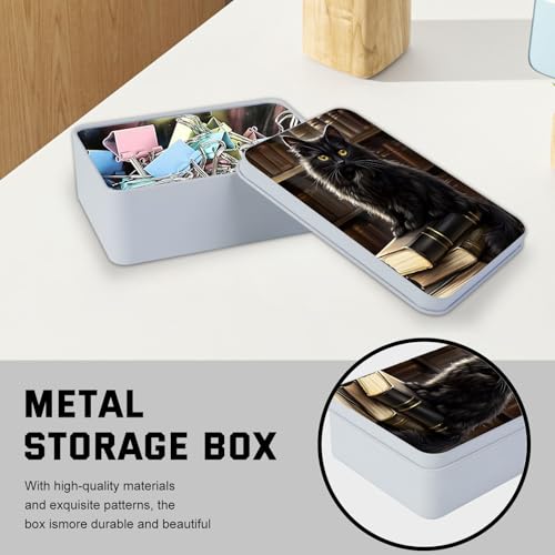 Image of Metal Tin Box with Lid,Multi-functional Storage Large Box Can Store Tea Biscuits Game Cards, Playing & Tarot Cards-Comes with 4 Magnetic Cord Clips,Black Cat on Books