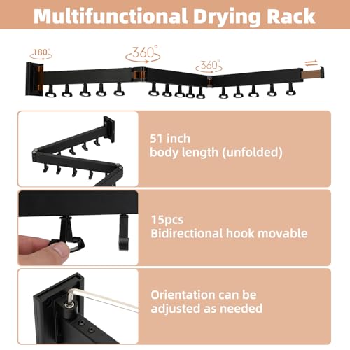 Clothes Drying Rack Foldable Wall Mounted, Dual-Directional Hooks laundry hanging rack wall mount – Tri-Fold Retractable & Collapsible Laundry Hanger, Adjustable Clothes Rack for Home & Apartment