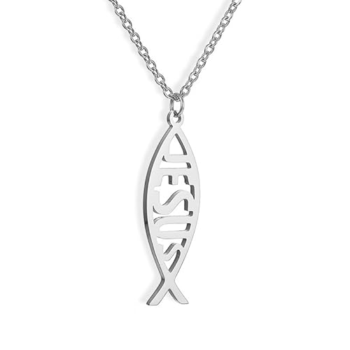 LIKGREAT Adjustable Ichthys Necklaces for Women Christian Jesus Fish Symbol Pendant Stainless Steel Religious Jewelry (silver)