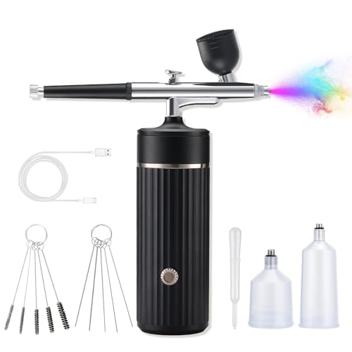 Cordless Airbrush Kit with Compressor - Rechargeable Air Brush Gun Set with 0.3mm Tip, 20-27PSI Airbrush Kit for Model Painting, Nail Airbrush Machine, Cake Decor, Makeup, Barber, Tattoo (Black)