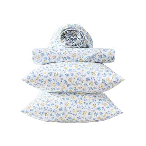 Image of Laura Ashley - Full Sheet Set, Crisp & Cool Cotton Percale Bedding for Year Round Comfort, Deep Pocket, Bed Sheets with Matching Pillowcases (Ditsy Doodle Blue)