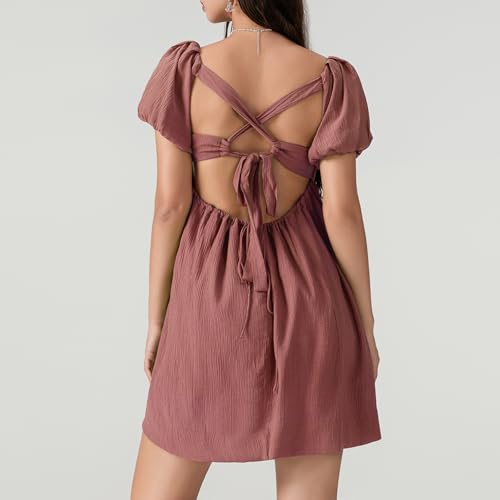 Image of Women Y2k Puff Sleeve Babydoll Dresses Square Neck Tie Back Mini Dress Summer Solid Off Shoulder Flowy Sundress