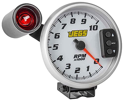JEGS 5” Tachometer | White Face With Silver Bezel | 0-10,000 RPM Range | Super-Bright LED Shift Light | One-Touch Peak RPM Recall | Mounting Bracket Included