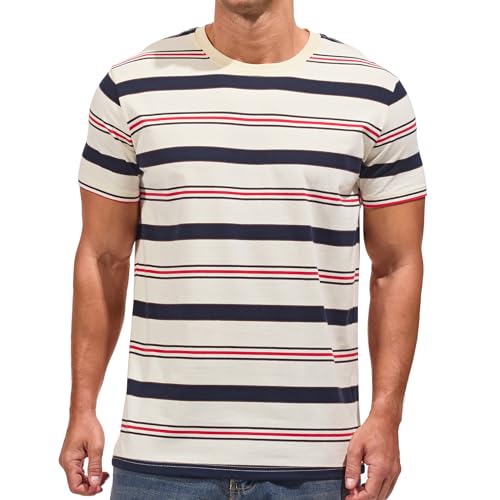 VEIISAR Men's Crewneck Striped T-Shirt Soft Elastic Cotton Tees 28 White Royal Blue XXL