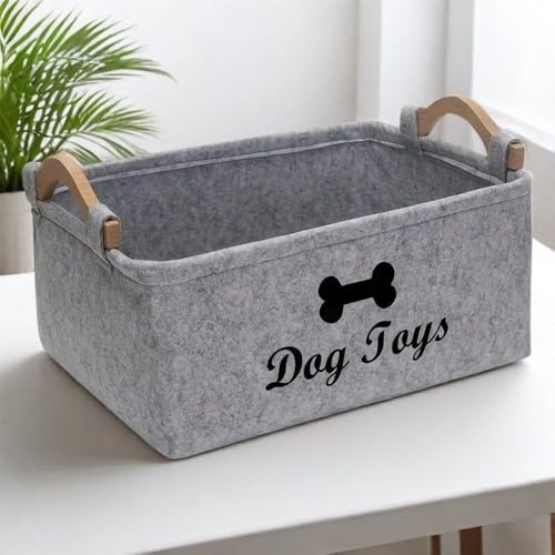 HUATEEN Hundespielzeug Aufbewahrung Korb,Großer Grauer Filzkorb für Hunde Welpenspielzeug Organizer Aufbewahrungsbehälter für Haustierspielzeug mit Griffen 38 x 25 x 18 cm