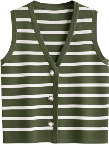 Image of Striped Sweater Vest Women Summer Sleeveless V Neck Button Up Knit Vests Tank Tops (Green-XL), X-Large
