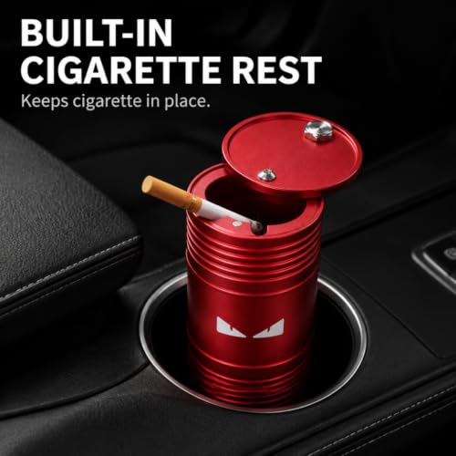 Image of Car Ashtray with Lid Smell Proof Ash Tray, Portable ashtray for car cup holder (Red, Angry Eyes)
