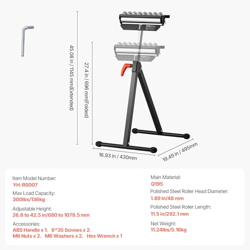 VEVOR 3-in-1 Rollenständer, 136 kg, 68–108 cm höhenverstellbar, Rollenbock mit 29,2 cm poliertem, multidirektionalem Rollenkopf, für Tischkreissägen-Auslauf, Holzbearbeitungs-Verlängerungsstütze