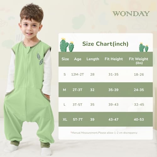 Image of WONDAY Toddler Sleep Sack with Feet, 0.5 Tog Sleeping Sacks for Walking with Legs 12-18 Months 2T 3T 4T 5T (Green Leaf, 12M-2T)