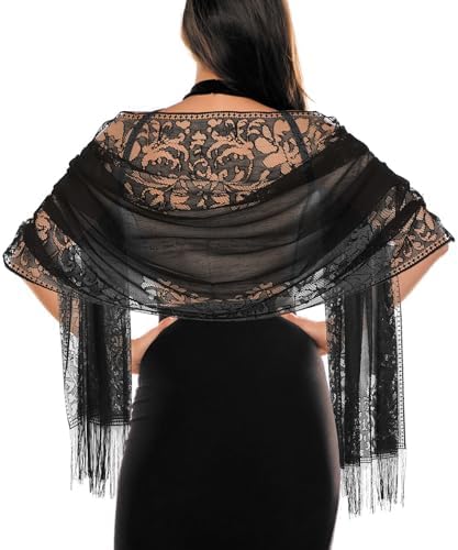 Jeffdad Women's Floral Lace Scarf Shawl wif Tassels for Women's Evening Dress Evening Party Mesh Wedding Shawls