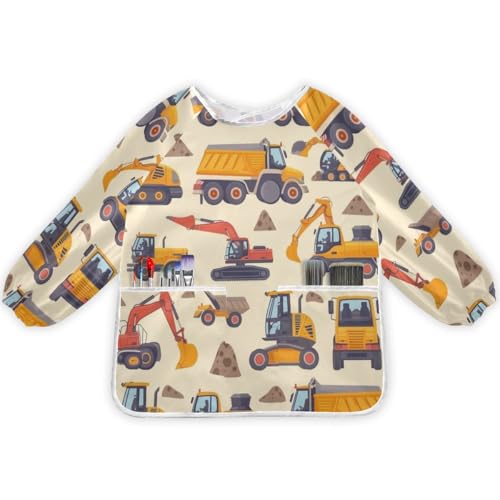 SUABO Kids Art Smock Sleeved Bib Long Sleeve Truck Excavator Car Child Painting Apron for Eating