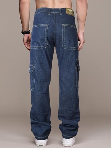 Image of RIG BONE Men's Relaxed Fit Cargo Jeans with Functional Pockets Comfortable High Rise Design Durable Denim Mid Wash Ideal for Casual Wear Travel Outdoor and Urban Adventures