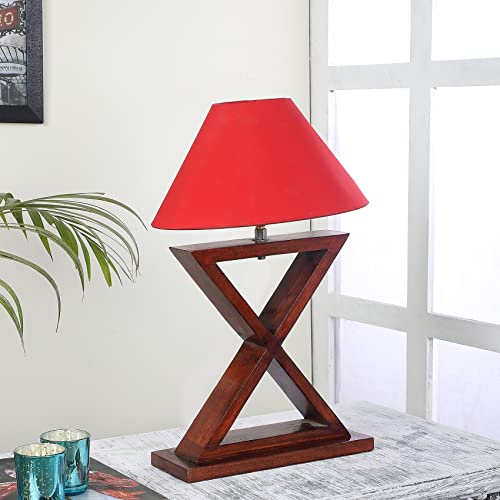 Image of tu casa Table Lamps with Mango Wood Base & Red Cotton Shades for Home Decor, Bedrooms, Living Room, Gifting, Diwali Decoration, Dining Space, Study Room, Hall (Height- 42cm) - Bulb not Included