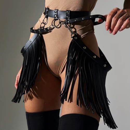 Nicute Leather Fringe Belt Black Tassel Belts Rave Cowgirl Accessories for Women3