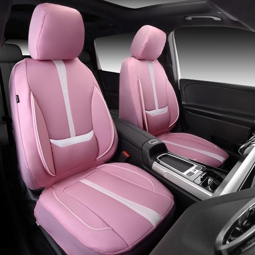 CAR PASS Nappa Leather Car Seat Covers, Cute Girly Water Resistant 3D Foam Faux Leather Seat Covers, Lumbar Support Automotive Seat Covers 2 Front Seats, Universal Fit for Cars SUV, Cute Pink White
